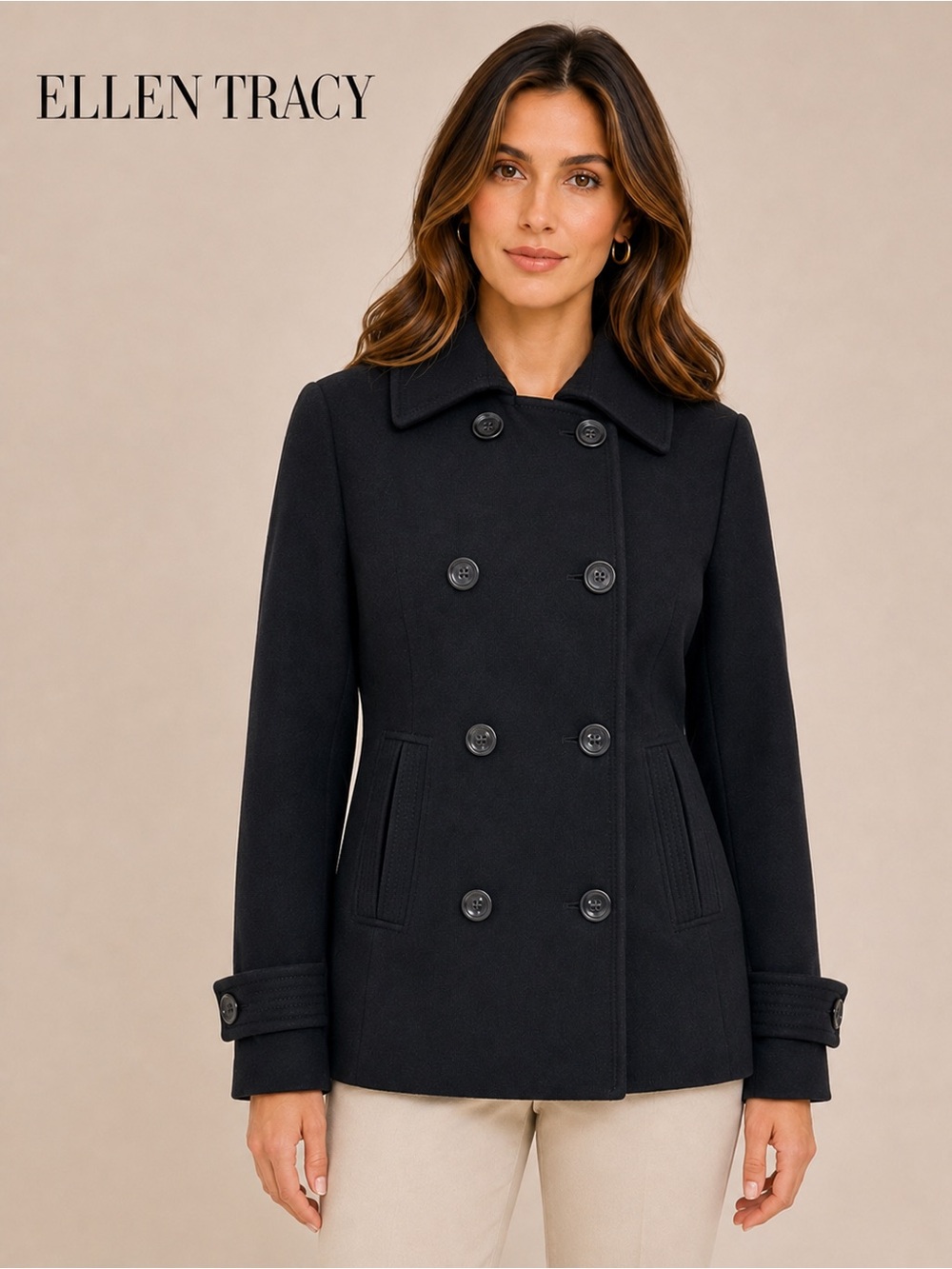Ellen Tracy Black Wool Cashmere Blend Double Breasted Peacoat
